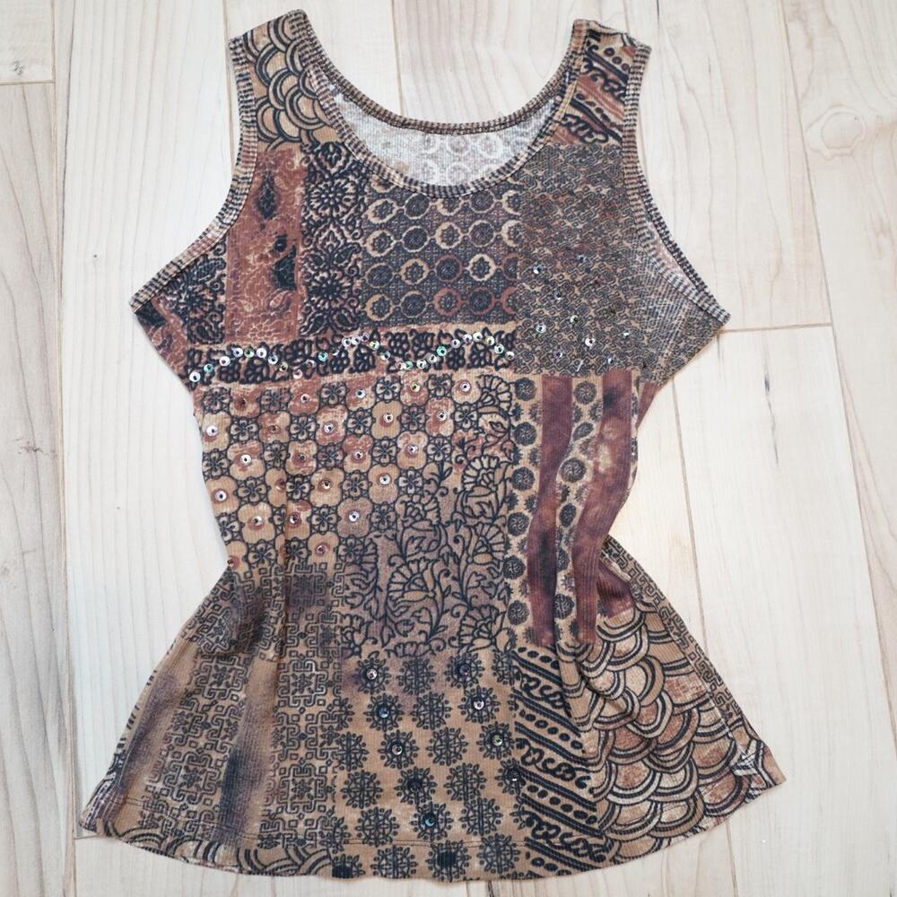Patchwork Sequin Tank Top Brown Beige Small